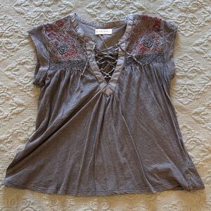 Lucky Brand Gray Lace-Up Embroidered Blouse